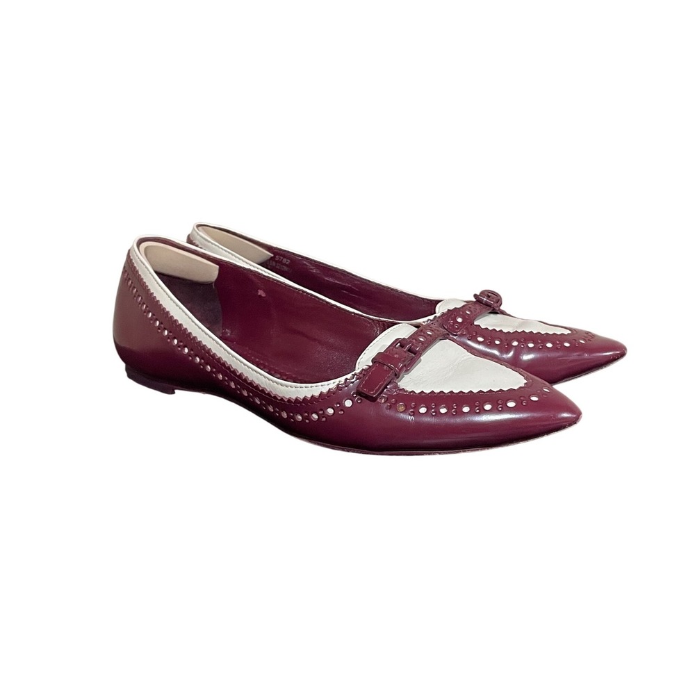 Tory Burch Burgundy White Wingtip Ballet Flats Women's Pointed Toe Buckle Detail